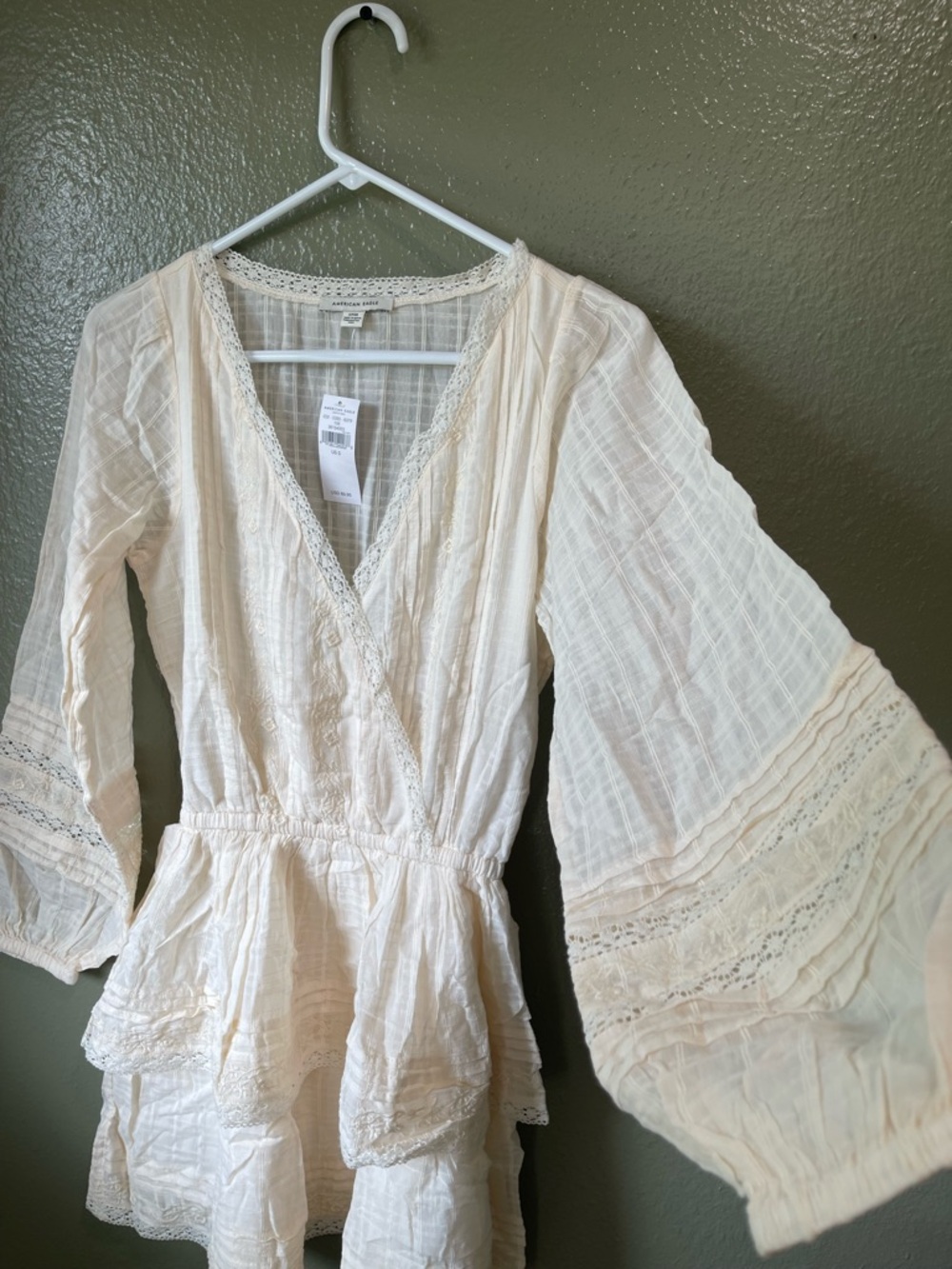 American Eagle Ivory Gauze Lace Trim Wrap Dress - Picture 2 of 5